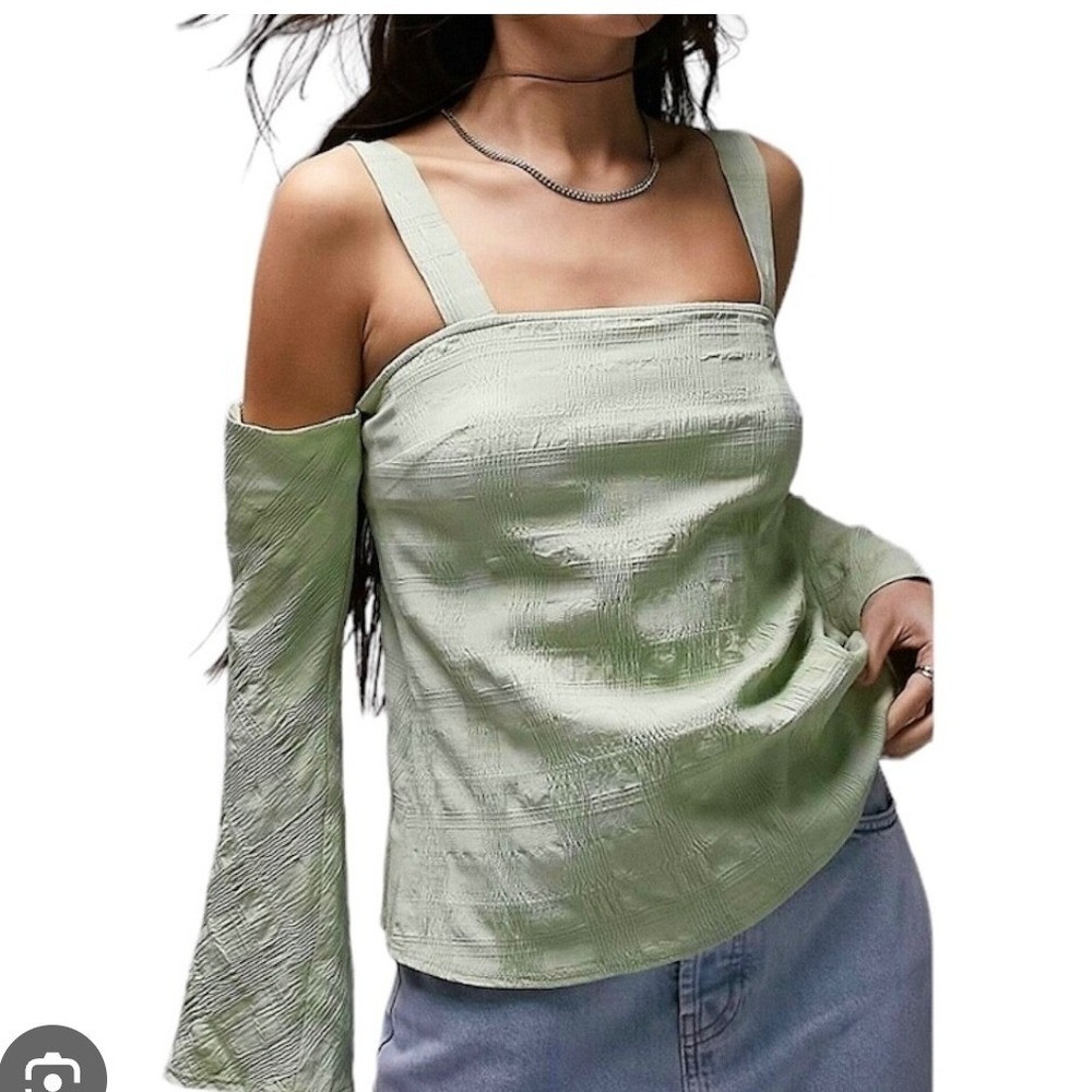 Topshop Sage Green Cold Shoulder Flared Sleeve Textured Blouse US 4